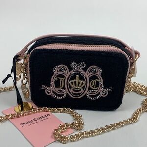 Juicy Couture Black Pink sparkle Embroidered Crossbody mini Bag Gold chain NEW